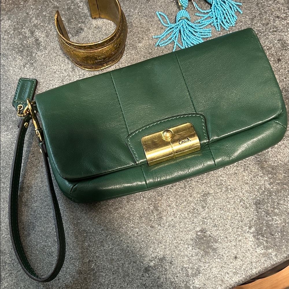 Coach Forest Green Leather Wristlet with Gold Accents